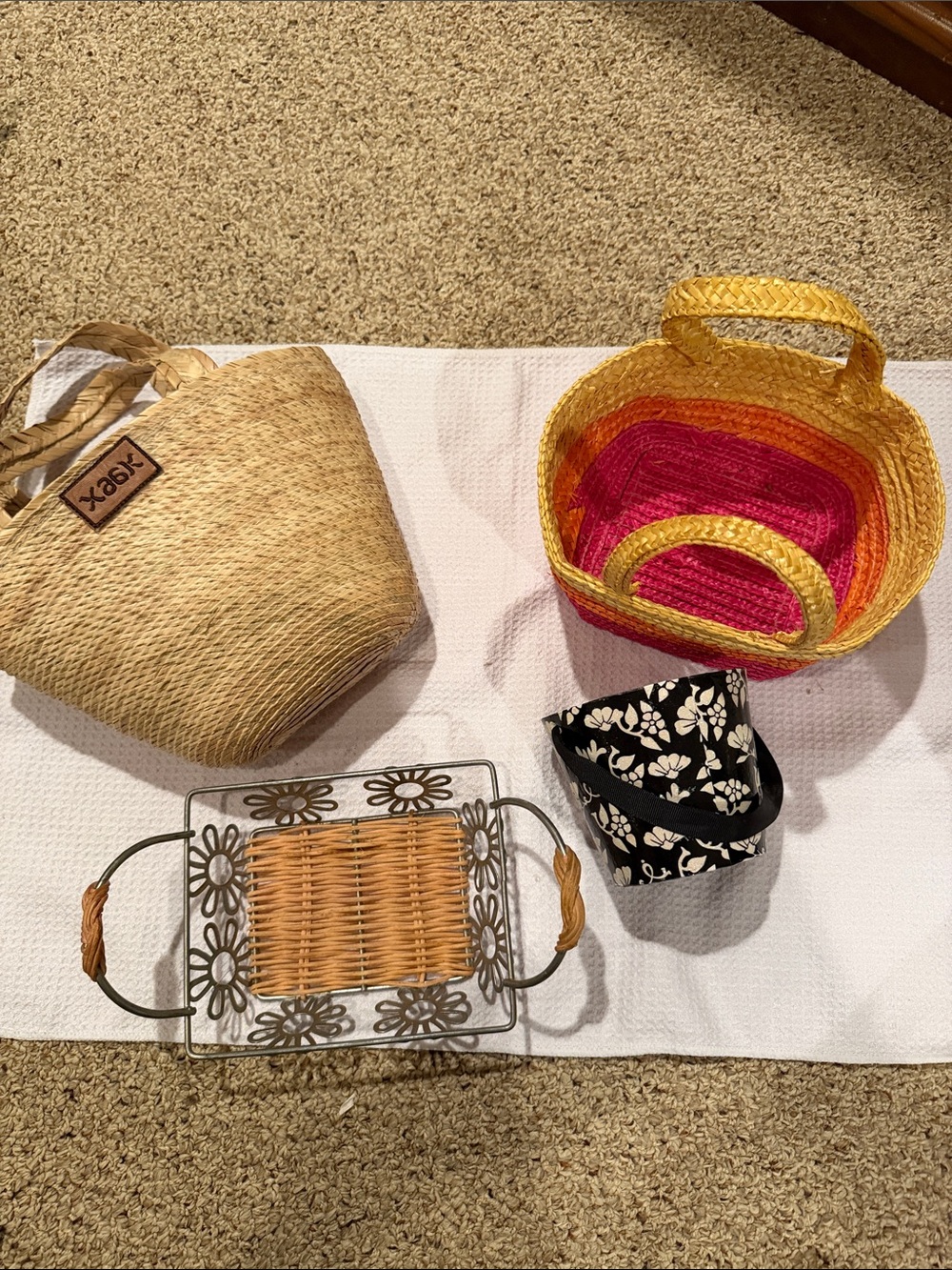 Small Straw Tote Bags (3)  and Wicker Floral tray